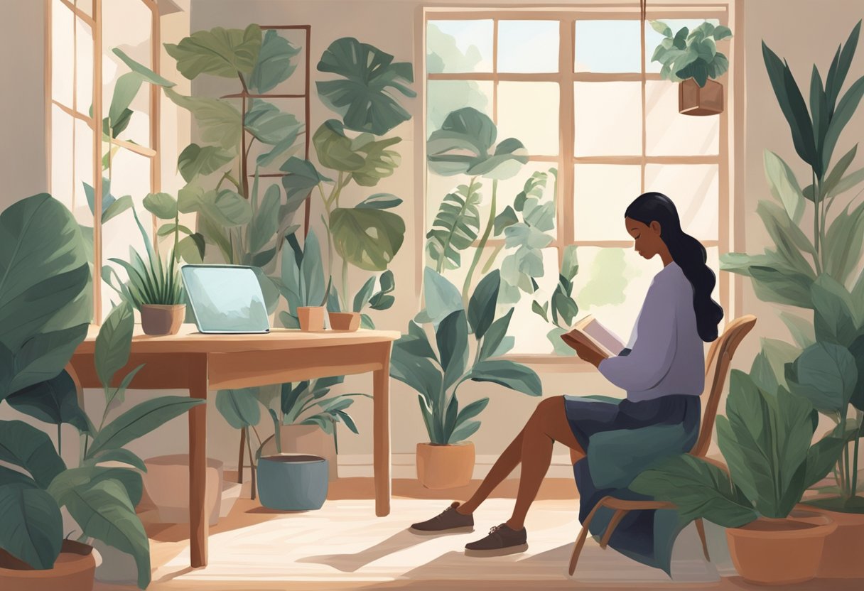 A serene figure sits in front of a mirror, surrounded by plants. A smartphone sits untouched on the table, while a book on personal growth is open in their lap. The room is bathed in soft, natural light