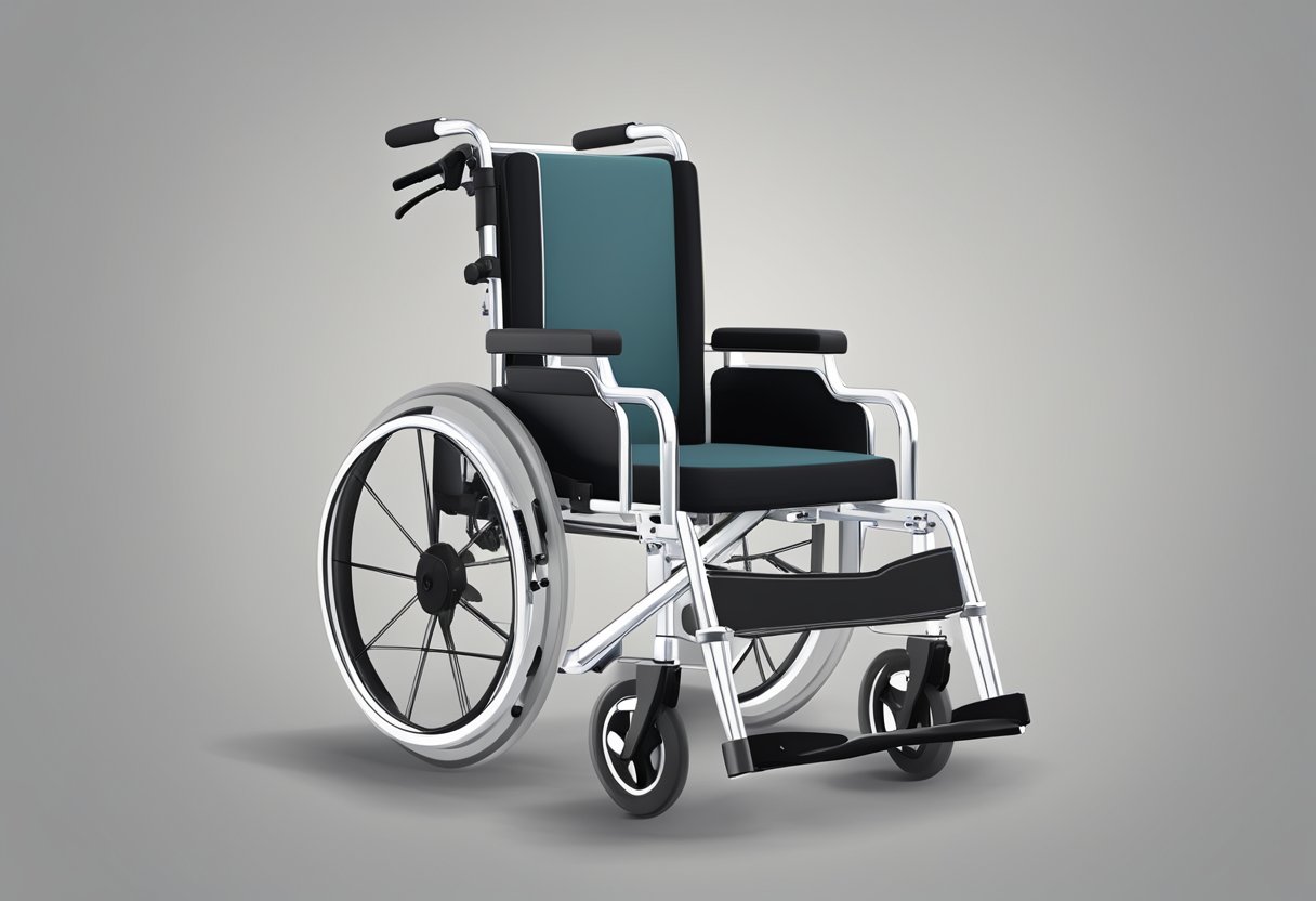 A manual wheelchair with adjustable armrests and footrests, featuring a cushioned seat and backrest, with large rear wheels and smaller front wheels for maneuverability