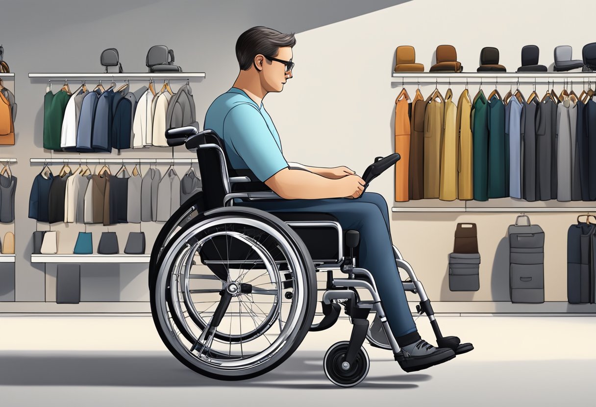 A person carefully choosing a manual wheelchair from a variety of options displayed in a showroom