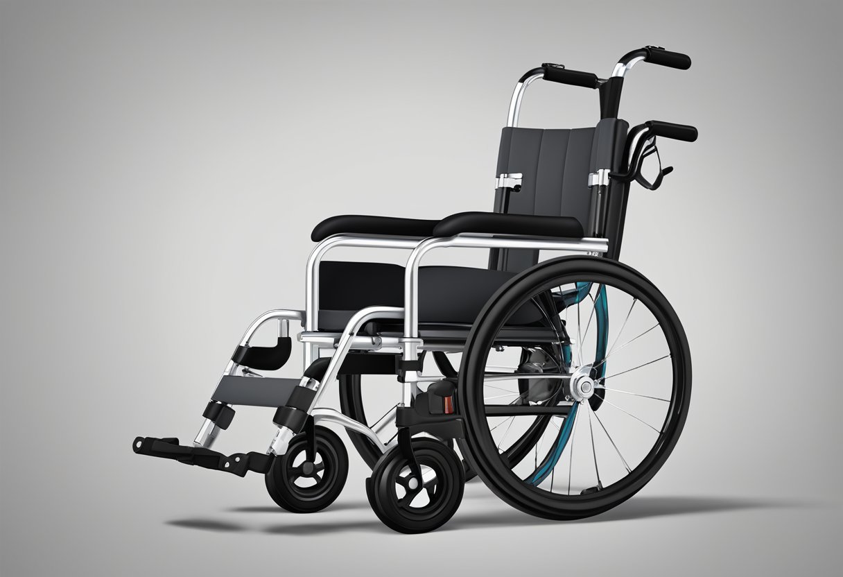 A manual wheelchair with adjustable seat and footrest, foldable frame, and ergonomic handles