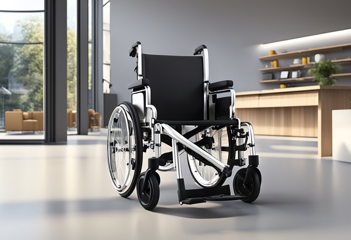 A variety of manual wheelchairs with customizable features and accessories, such as cushioned seats, adjustable footrests, and ergonomic handles, are displayed in a well-lit showroom