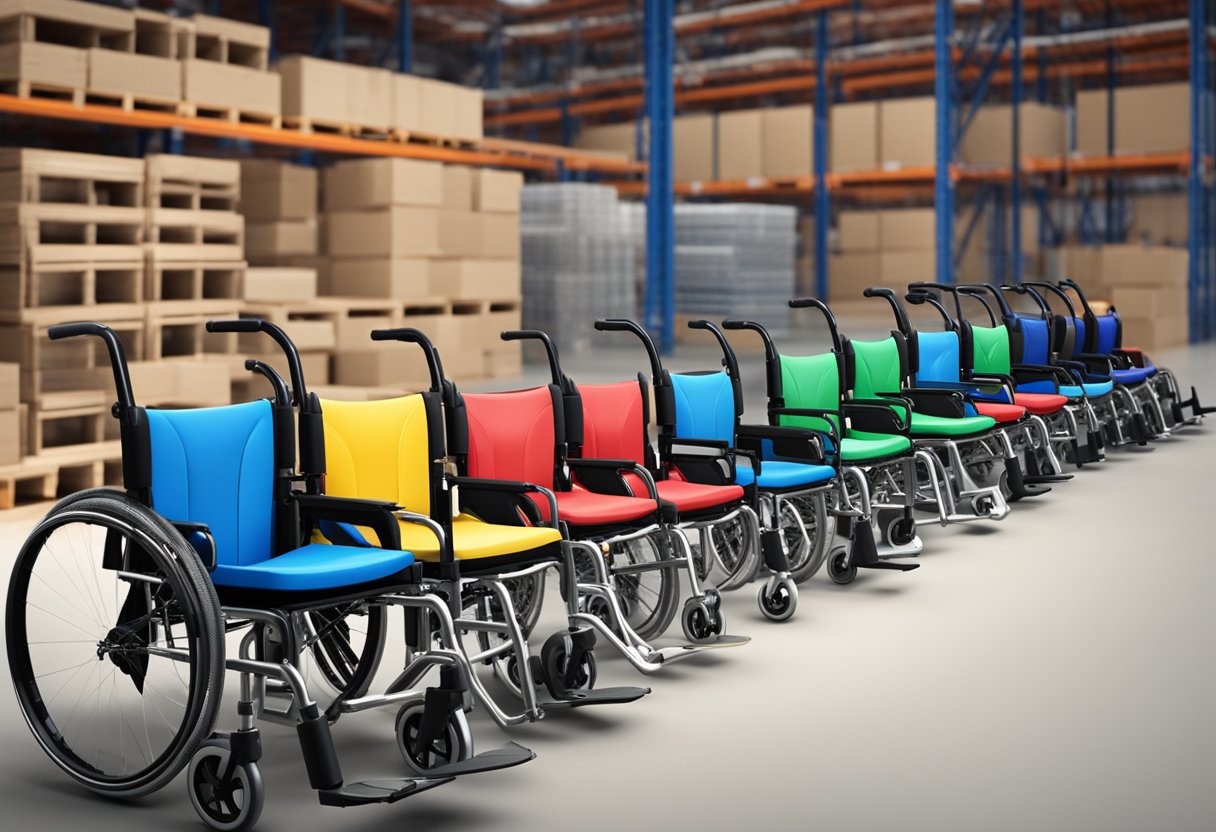 A row of manual wheelchairs lined up in a warehouse, each bearing the logo of different manufacturers and brands