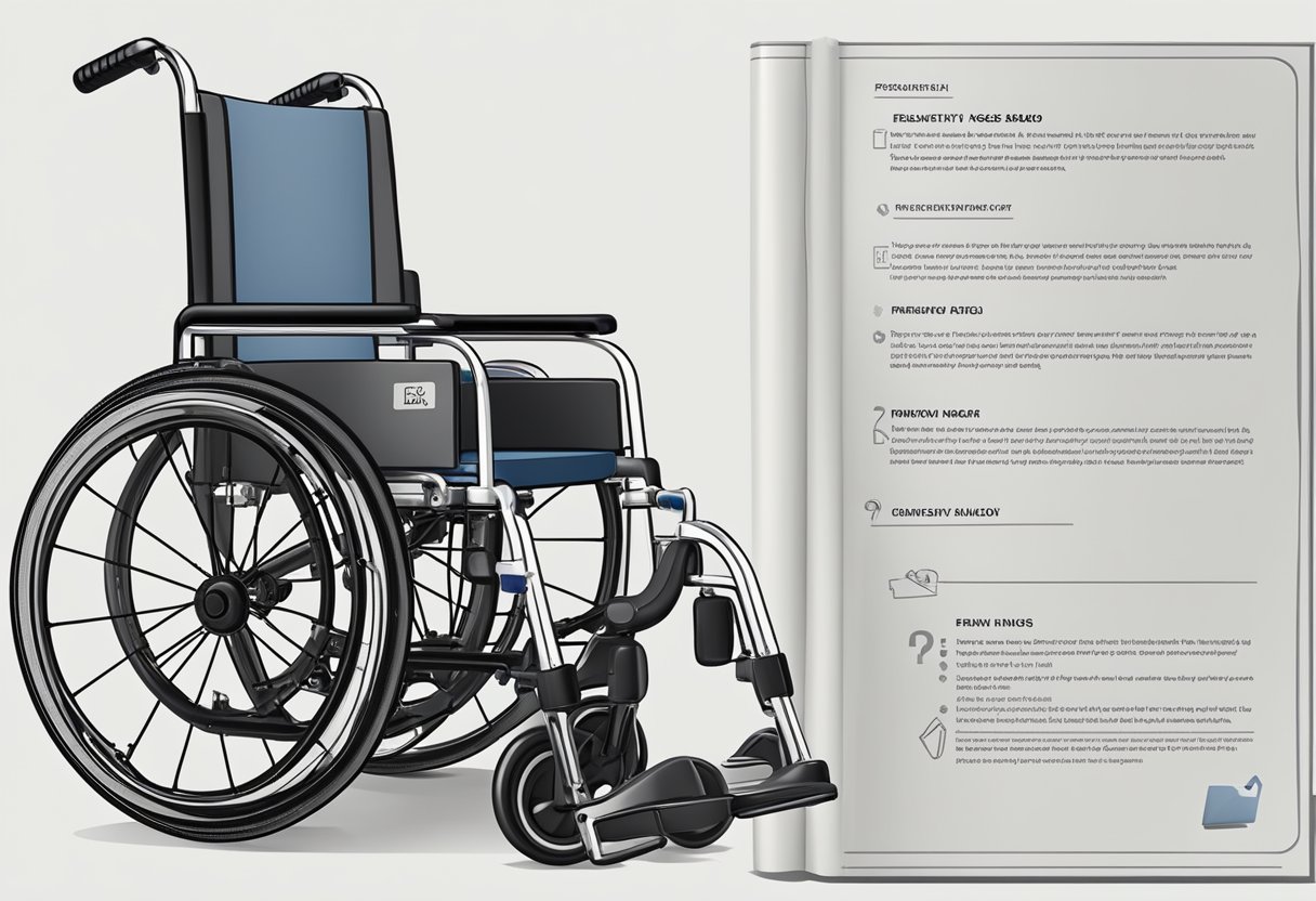 A manual wheelchair with a "Frequently Asked Questions Manual" booklet on the seat