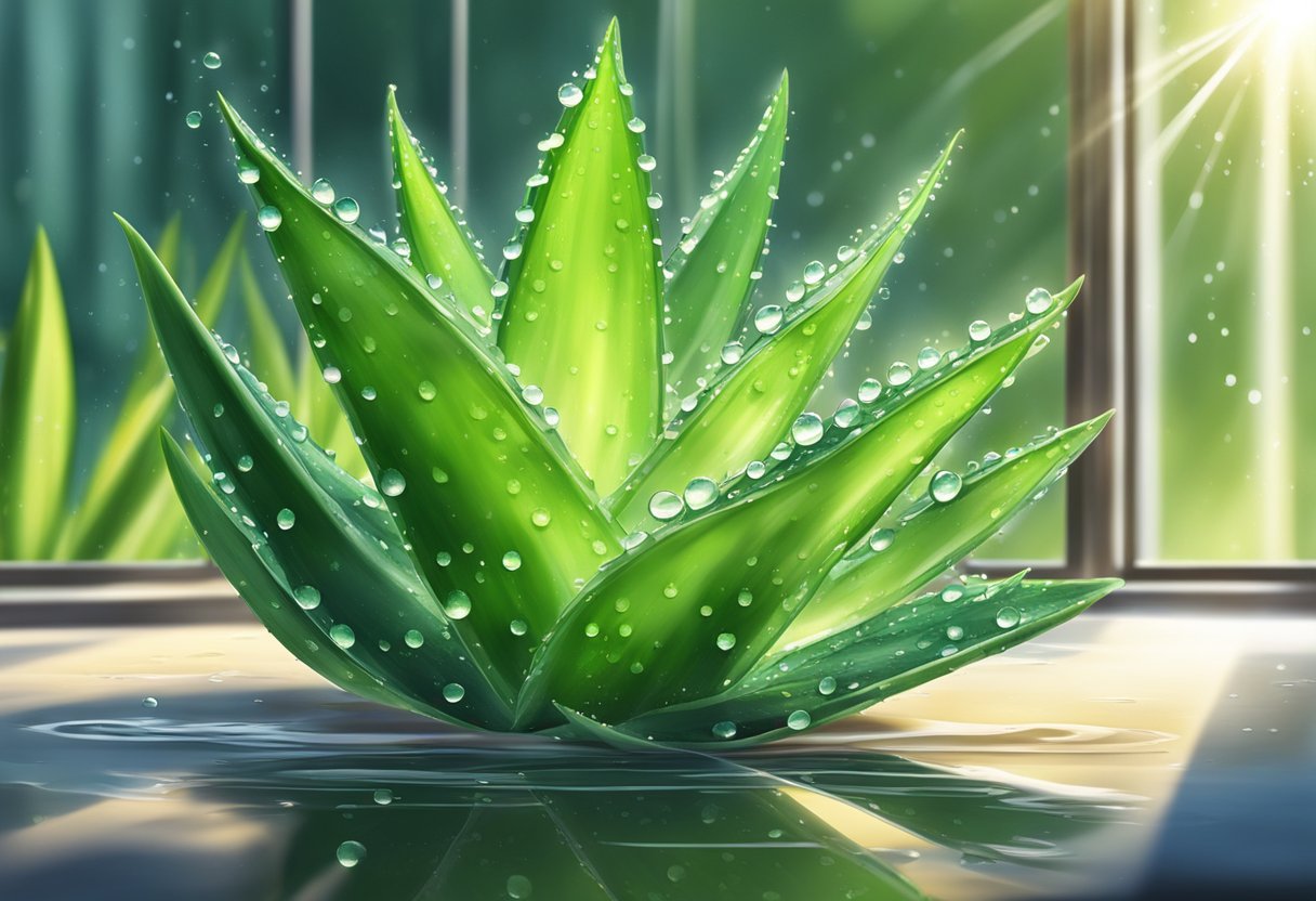 Aloe vera plant exuding gel onto a leaf, surrounded by droplets of water, with sunlight shining through a window onto the scene