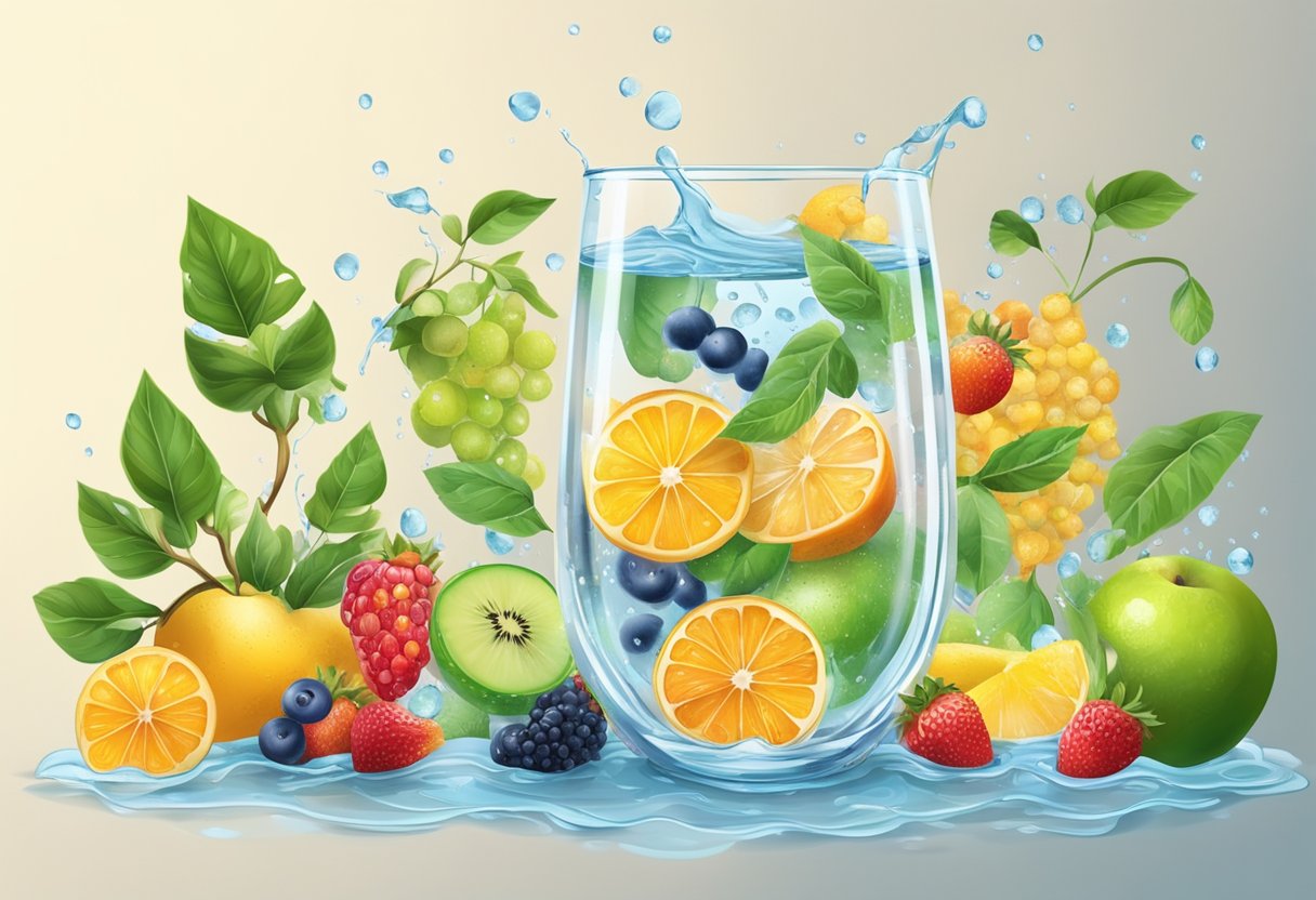 A clear glass filled with water, surrounded by various fruits and plants, with droplets of water on the surface