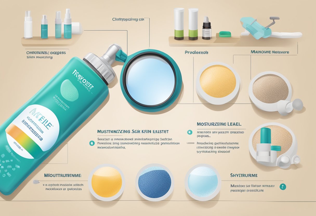 A magnifying glass hovers over different skin types, while a moisture meter measures hydration levels. Products labeled "moisturizing" sit nearby