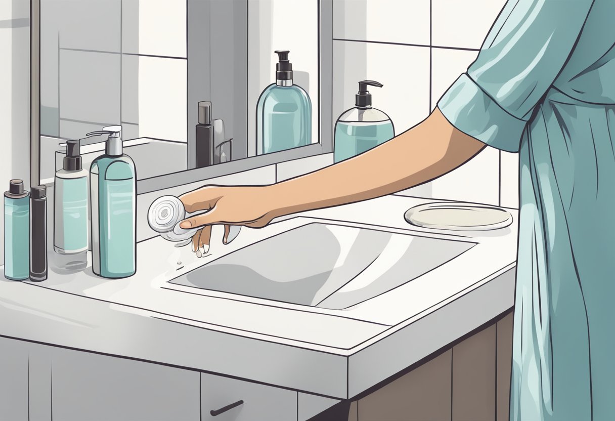 A woman's hand reaches for a bottle of moisturizer on a clean, clutter-free bathroom counter. A soft towel hangs nearby, ready for use