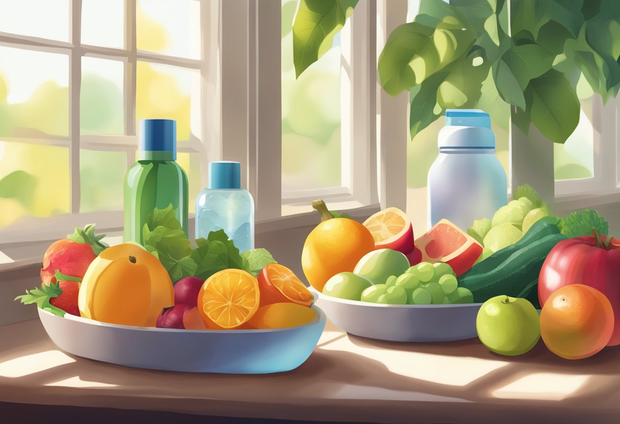 A table filled with colorful fruits and vegetables, a glass of water, and a bottle of moisturizing lotion. Sunlight streaming through a window, highlighting the healthy, hydrating options