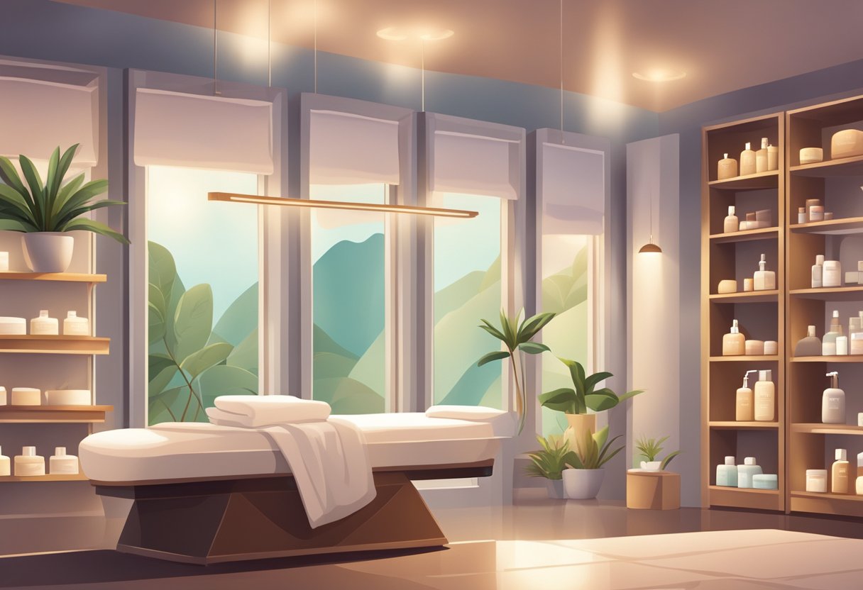 A serene spa room with soft lighting and shelves of skincare products. A table is set with various lotions and masks, creating a tranquil atmosphere for skin treatments