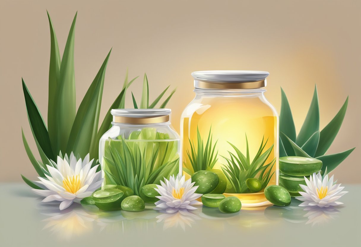 A glass jar filled with natural oils and aloe vera, surrounded by fresh herbs and flowers. A soft, warm light illuminates the scene, creating a calming and inviting atmosphere