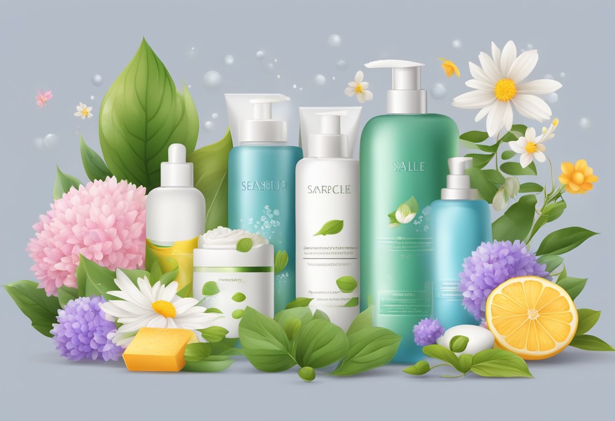 A table with various moisturizing products arranged by season, surrounded by seasonal elements like flowers and leaves