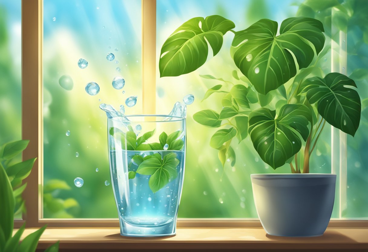 A clear glass of water with droplets forming on the outside, surrounded by vibrant green plants and a ray of sunlight shining through a window