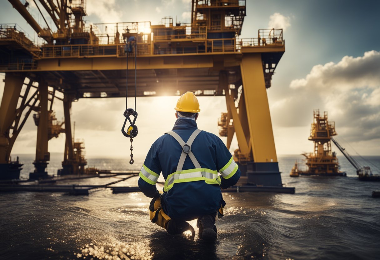 An oil rig worker falls from a platform, surrounded by equipment and a lawyer rushing to help