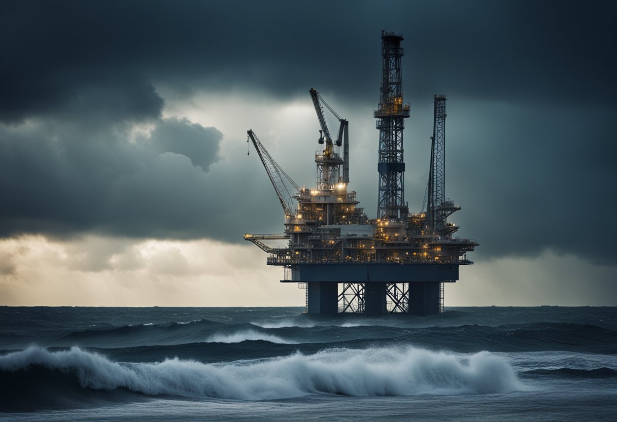 An oil rig stands tall against a stormy sky, with dark clouds looming overhead. Waves crash against the base, as workers scramble to secure equipment