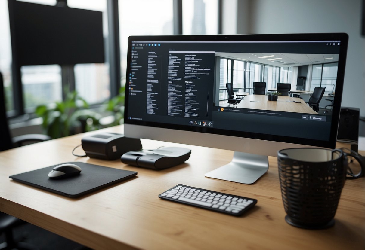 A small office with a computer, desk, and chair. A video conferencing app is open on the screen, with a clear image of a virtual meeting in progress