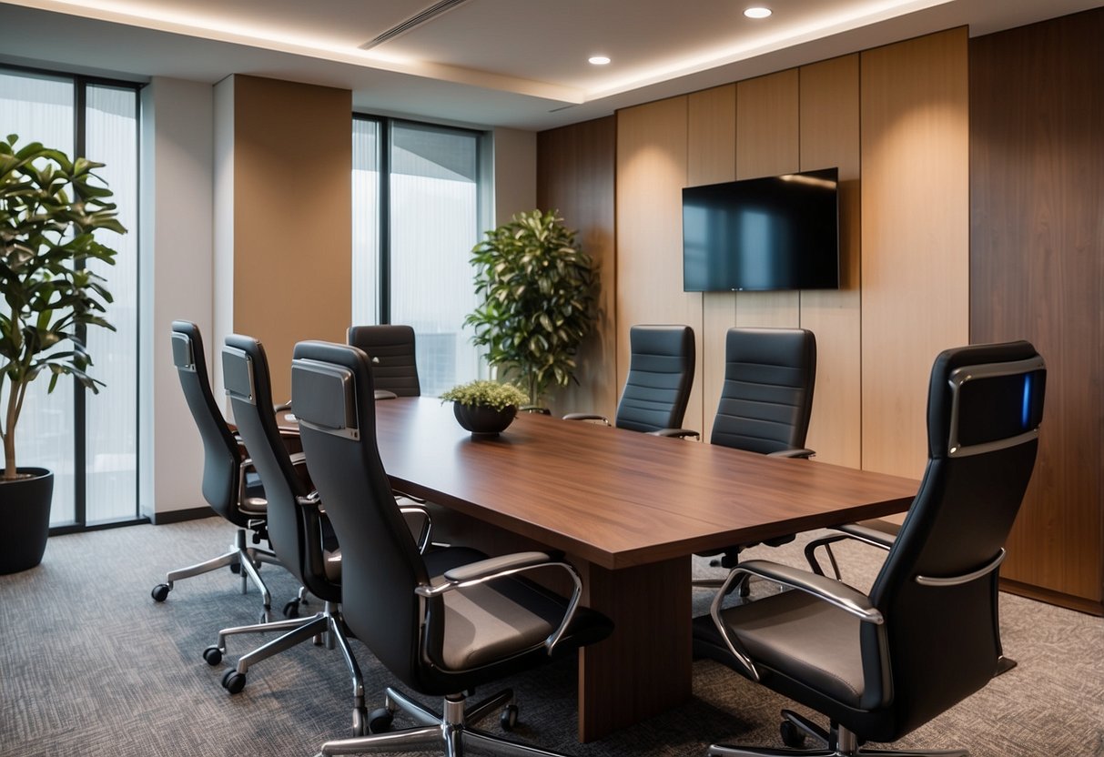 A small conference room with a table, chairs, and video conferencing equipment from Consolto, Poly Studio R30, and Logi