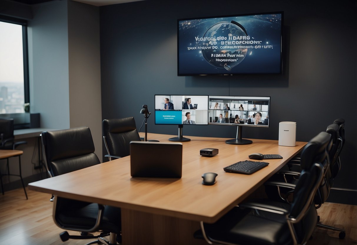 A small office with a laptop, desk, and chairs set up for video conferencing. A sign on the wall reads "Conclusion Video Conferencing Solution."