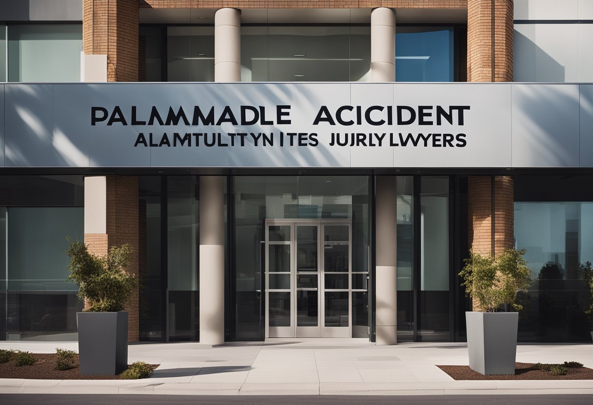 A bustling law office with signage reading "Palmdale Accident and Injury Lawyers" on a modern building facade