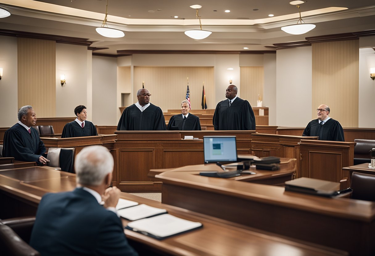 A courtroom scene with a judge, lawyers, and a client discussing personal injury law in Palmdale. The lawyers are presenting evidence and making arguments