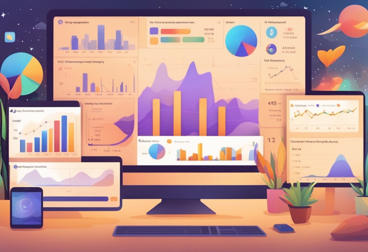 A computer screen displaying a dashboard with graphs and charts tracking engagement and growth metrics of a Facebook group