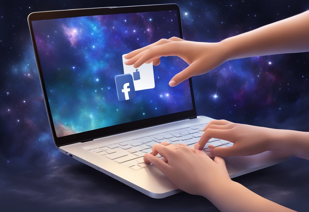 Facebook Groups for Research: A laptop open to a Facebook group page, with various posts and comments displayed. A person's hand reaching for the mouse