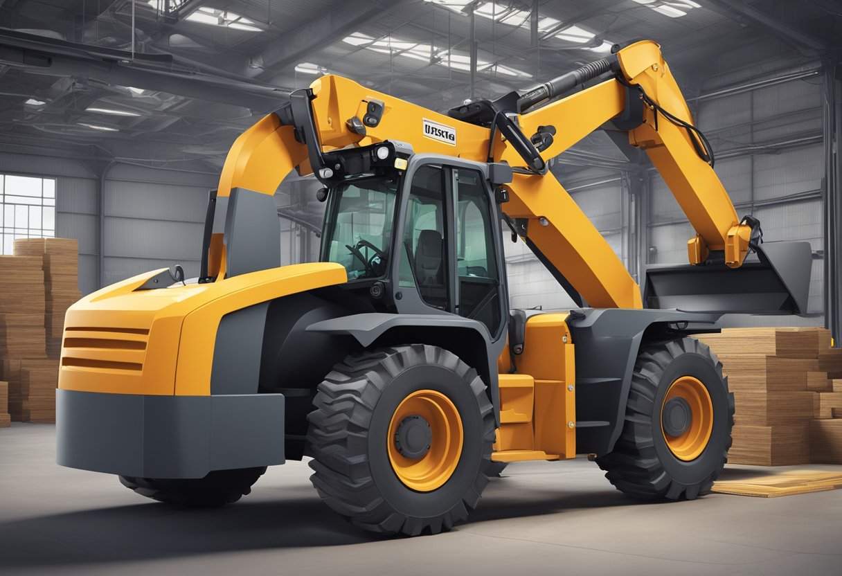 A telehandler displaying fault codes on its control panel, surrounded by industrial equipment and materials