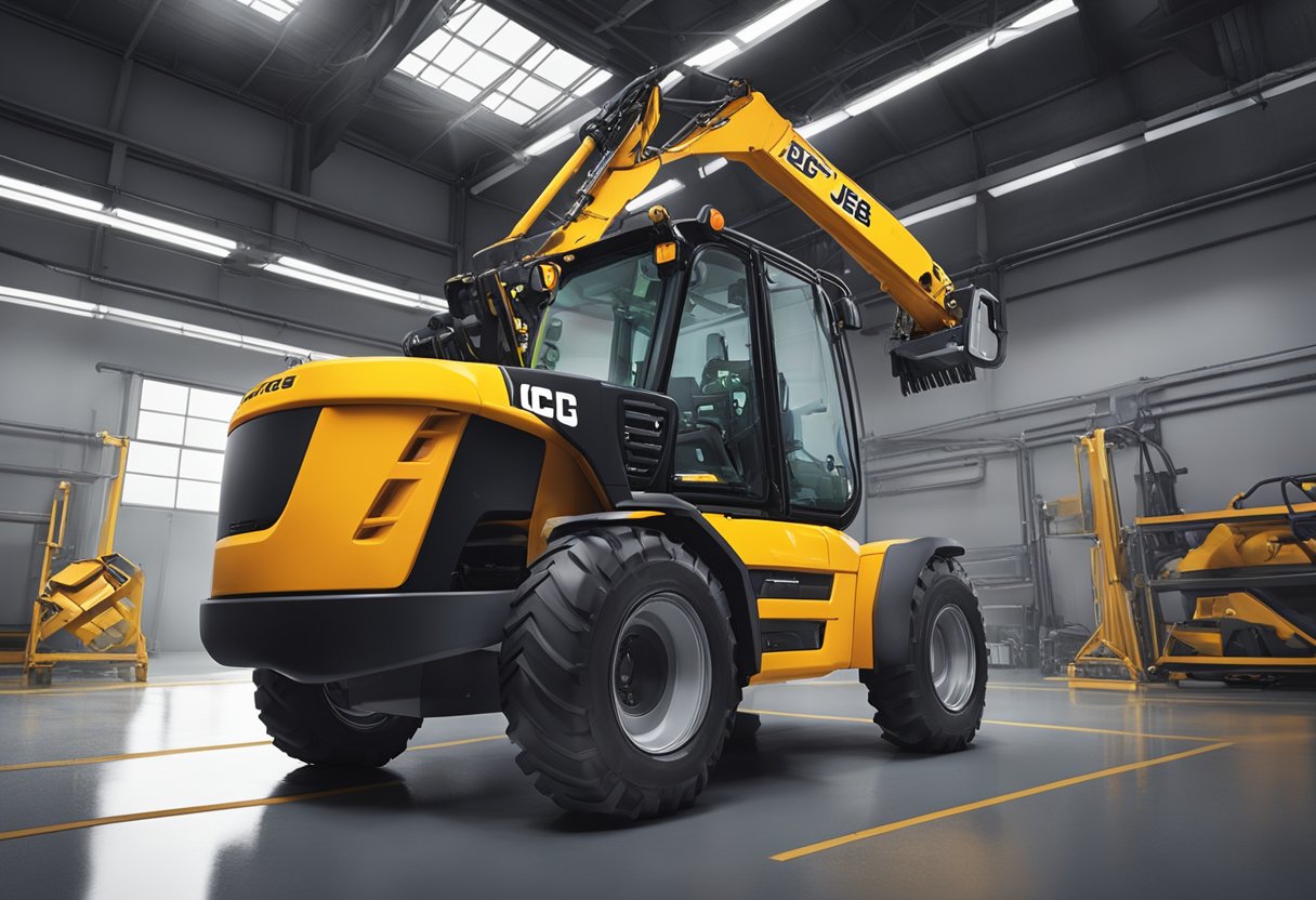 A JCB telehandler positioned in a well-lit maintenance bay, with a technician using a diagnostic tool to check fault codes on the machine's display panel