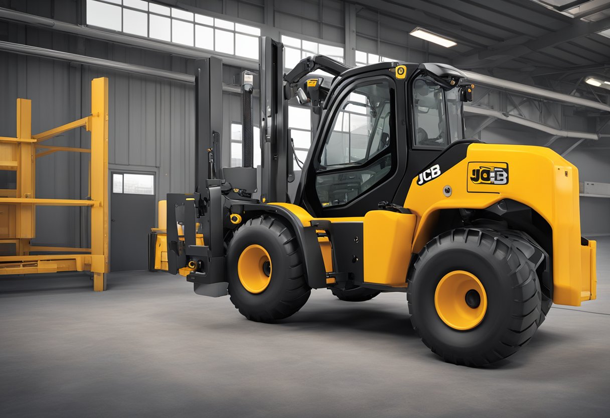 The JCB telehandler joystick controls are positioned within easy reach, with clear labeling for safety and compliance