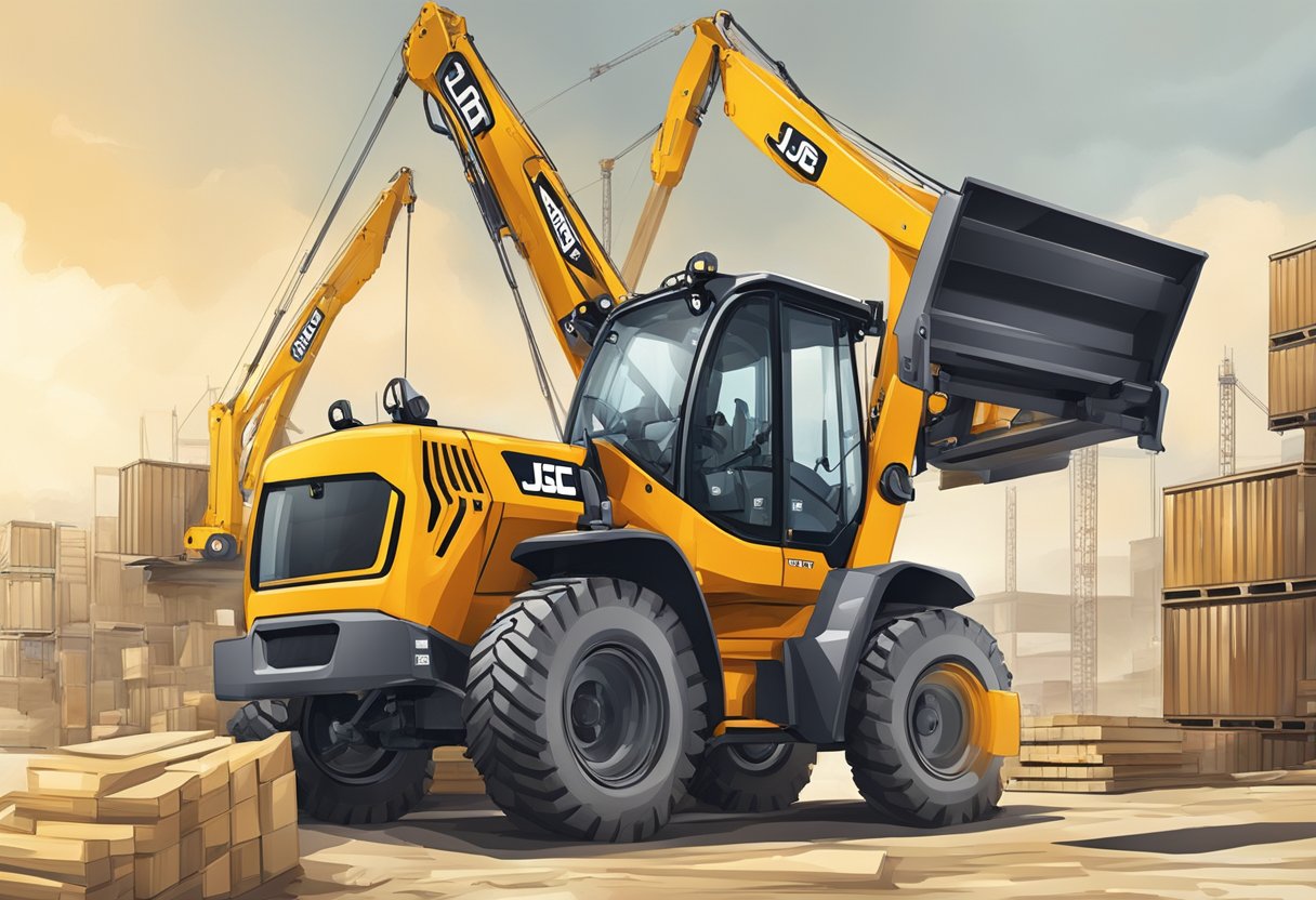 A jcb telehandler extends its boom to lift pallets in a busy construction site