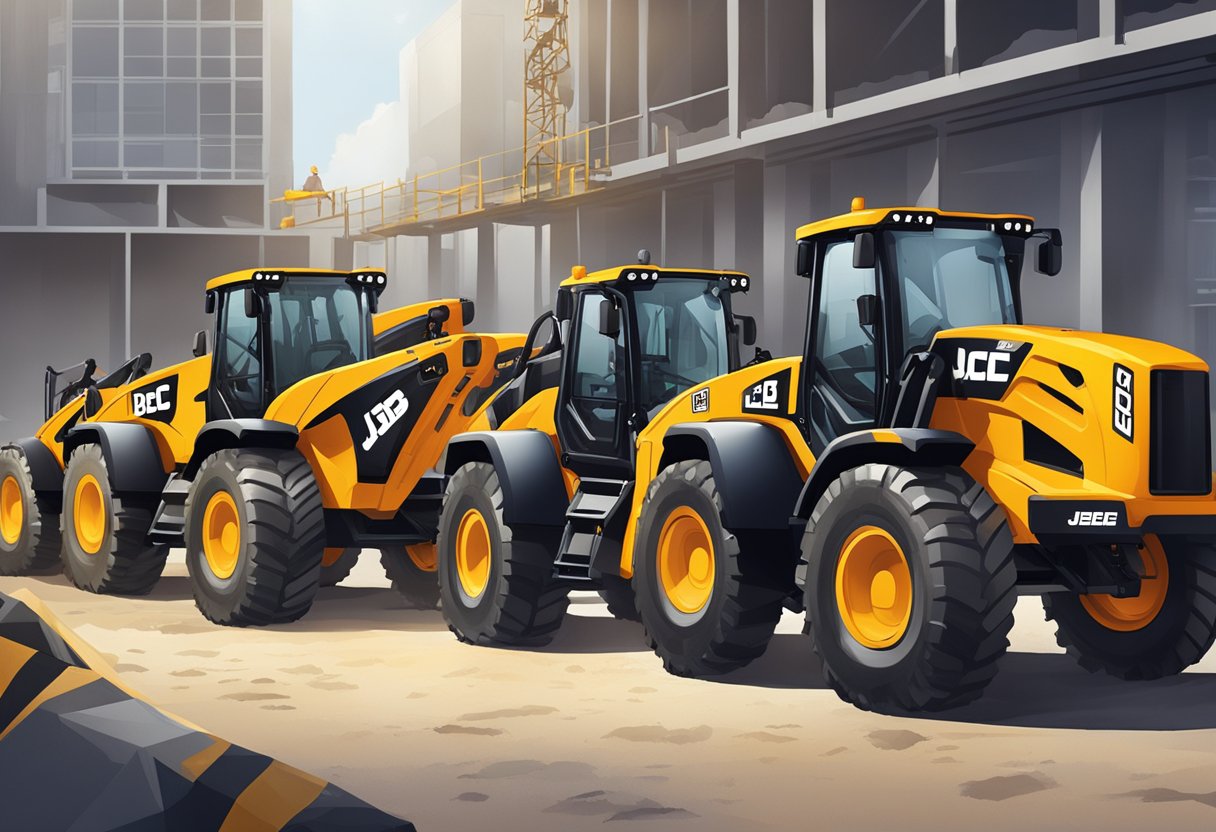 A lineup of JCB telehandler models with a sign reading "Frequently Asked Questions" in a busy construction site