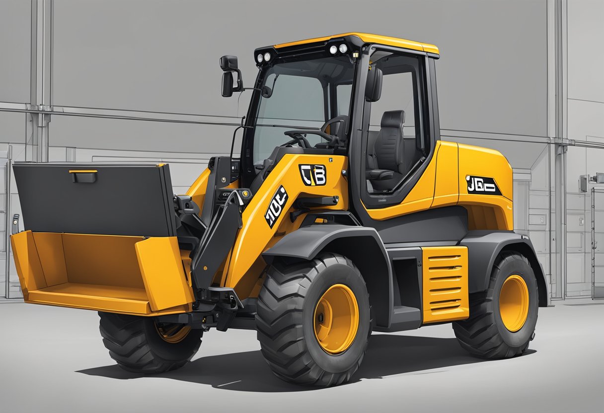 A JCB telehandler's battery is located beneath the driver's seat, enclosed within the chassis for protection