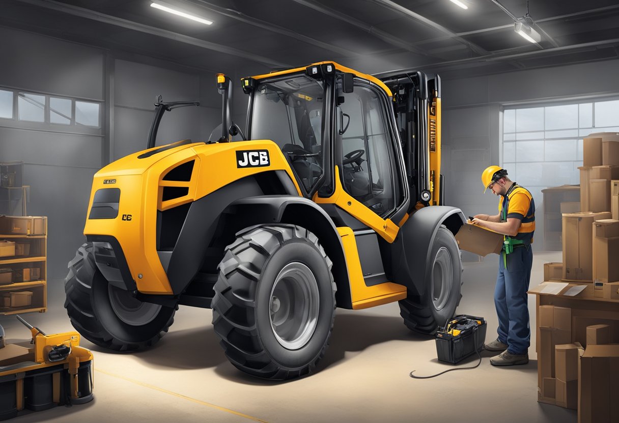 The JCB telehandler is parked in a well-lit garage. A mechanic is using a flashlight to locate the battery, while another is checking the troubleshooting manual