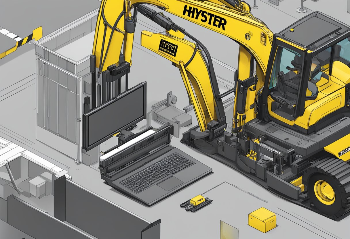 A computer screen displaying a website with a search bar for entering a hyster serial number, surrounded by various models and ages of equipment