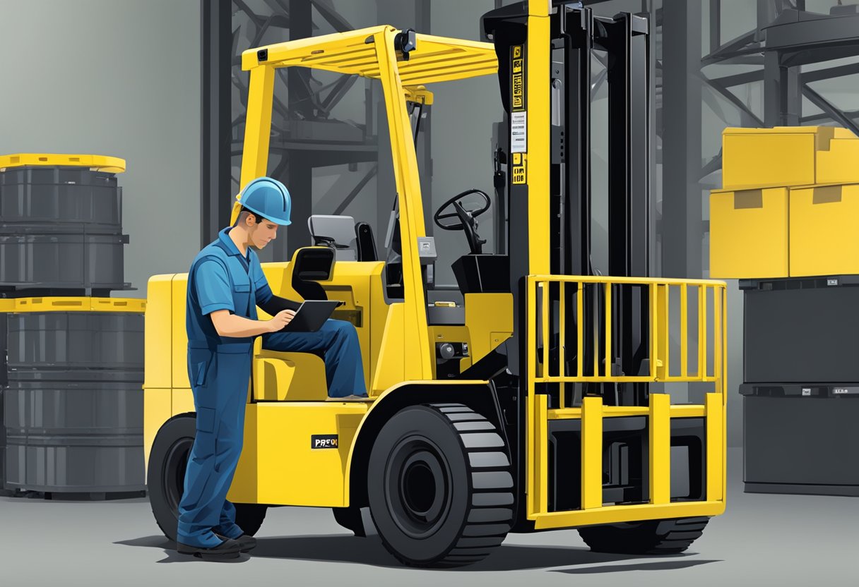 A technician accessing a digital database, typing in the Hyster serial number, and retrieving maintenance and parts information