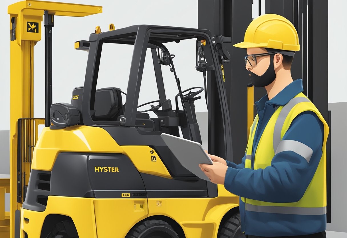 A forklift with Hyster branding and a serial number plate is being inspected by a person using a tablet to look up the serial number