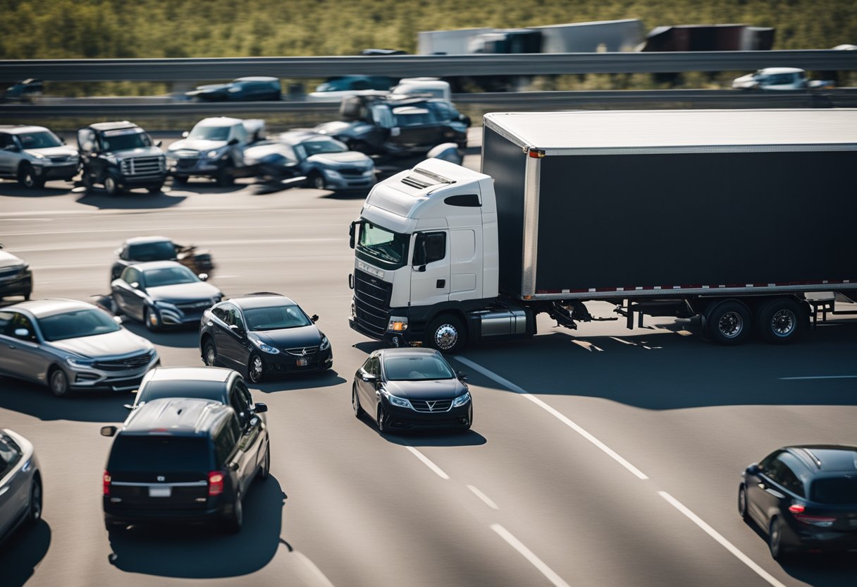 A commercial truck crashes into a smaller vehicle on a busy highway, causing damage and chaos. Emergency vehicles and a lawyer's office in the background