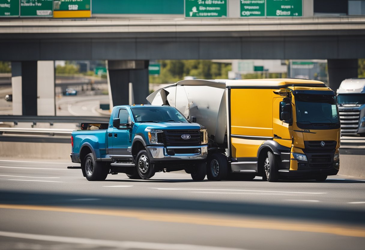 A commercial truck colliding with a smaller vehicle on a busy highway, causing significant damage and potential injuries