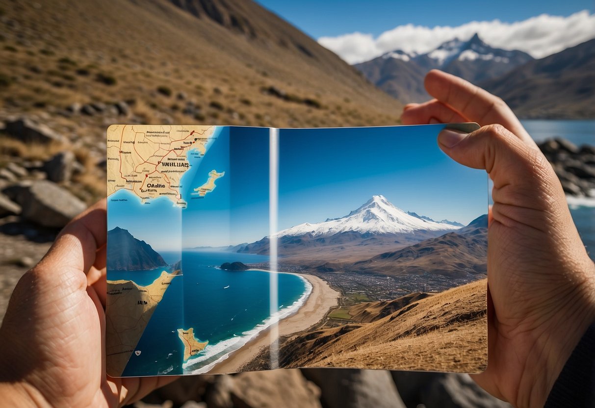 A 7-day travel itinerary in Chile: A map with iconic landmarks, mountains, and coastline. Bright sun, clear skies, and vibrant colors. Roteiro de Viagem