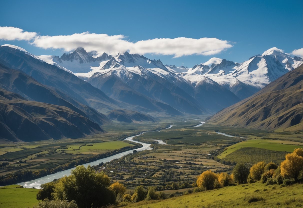 A breathtaking view of the Chilean landscape, with snow-capped mountains, lush green valleys, and a winding river. The scene is dotted with charming villages and surrounded by clear blue skies