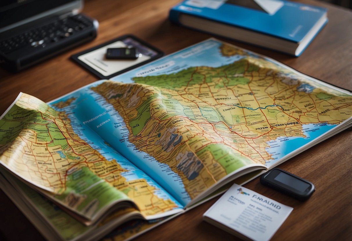 A colorful map of Chile with key landmarks and attractions highlighted, surrounded by travel guidebooks and a laptop displaying travel tips