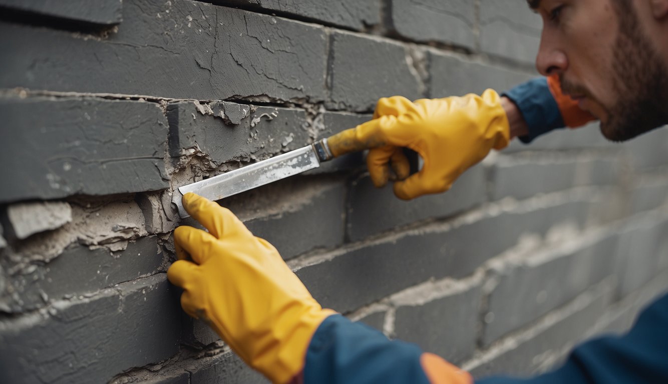 A wall with deep scratches and gouges being repaired with paint and putty