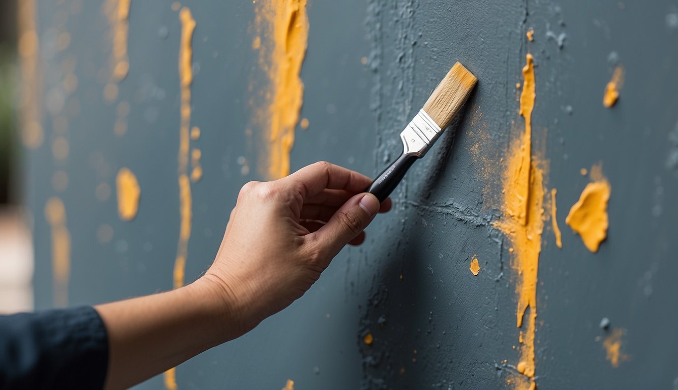 A hand holding a paintbrush covers repaired scratches on a wall with fresh paint