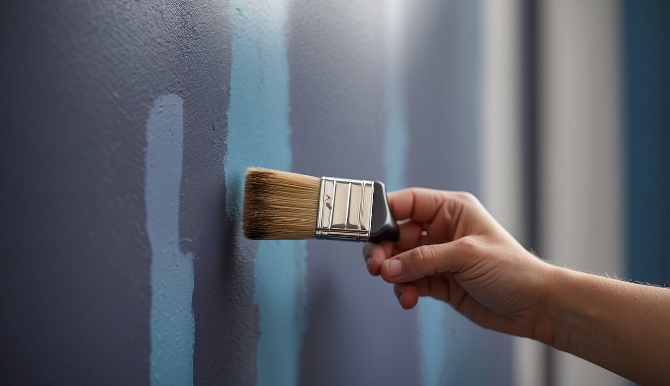 A hand holding a paintbrush, touching up paint chips on a wall. Paint cans and a ladder in the background