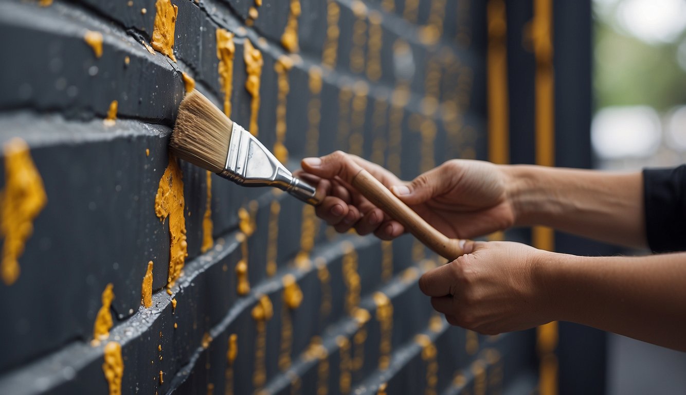 A hand holding a paintbrush touches up a wall with small chips. Paint cans and a ladder are nearby