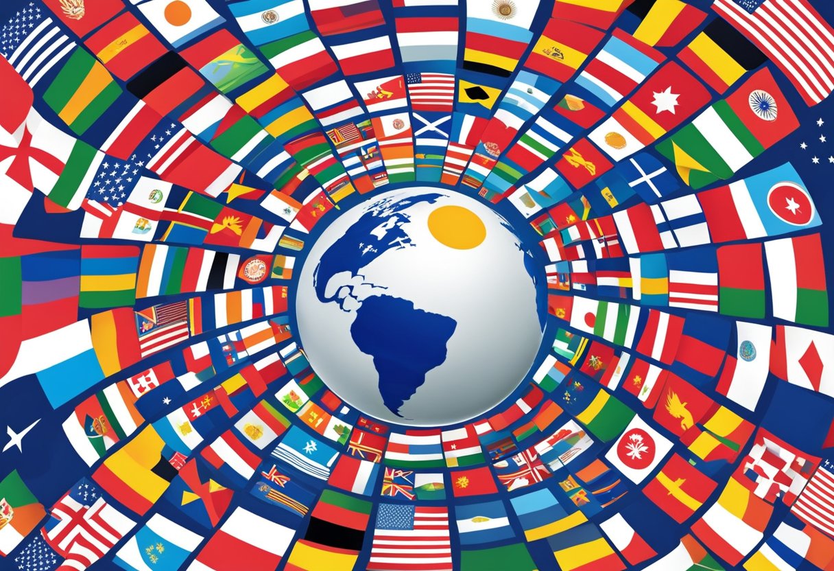 A globe surrounded by diverse flags, representing global unity and diversity