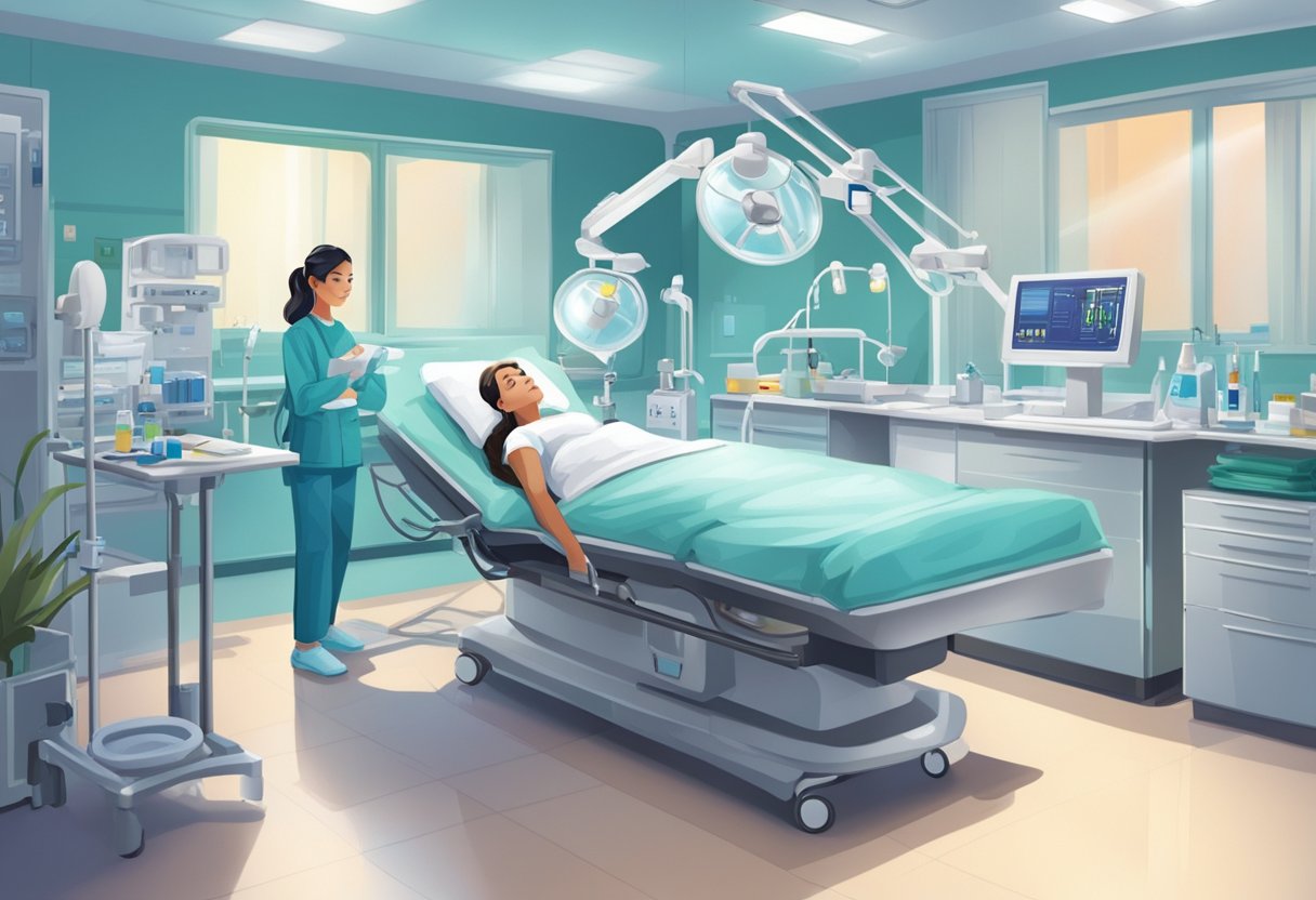 A young woman lying on a clinic bed, surrounded by medical equipment and staff. The room is sterile and brightly lit