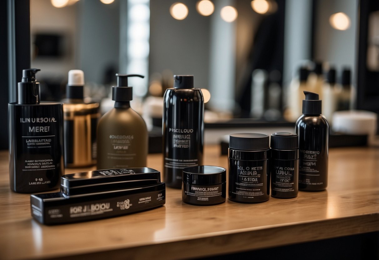 A hair topper lies on a flat surface, surrounded by hair care products and a mirror