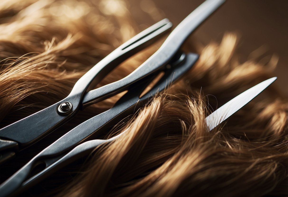 A pair of scissors cutting through hair extensions