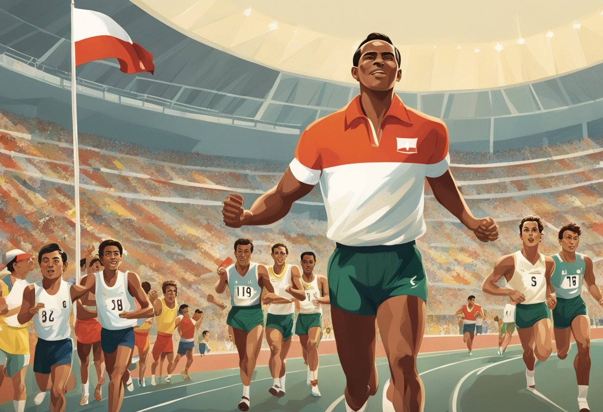 Indonesia's journey at the 1952 Olympics: flag raised, athletes compete, crowds cheer, national pride shines