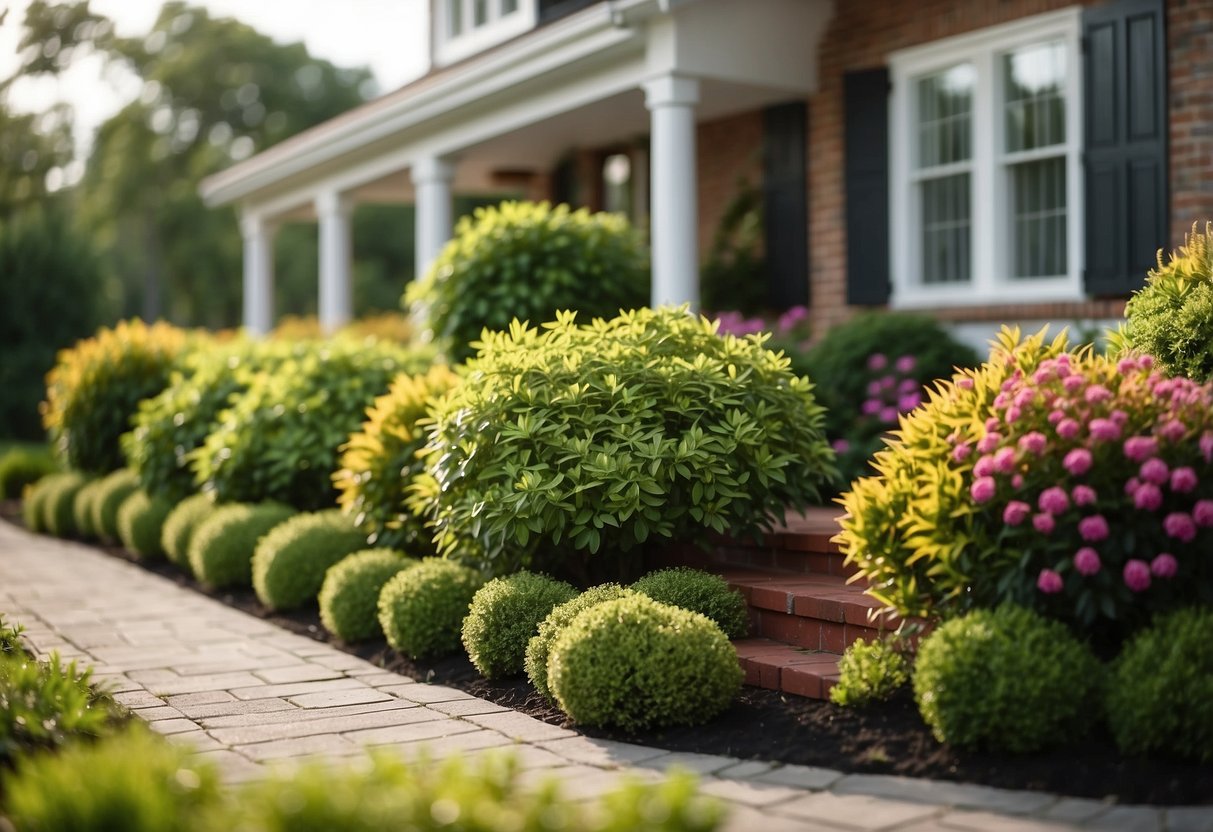 A row of 10 lush shrubs line the front of a house, varying in height and color, creating a vibrant and inviting entrance